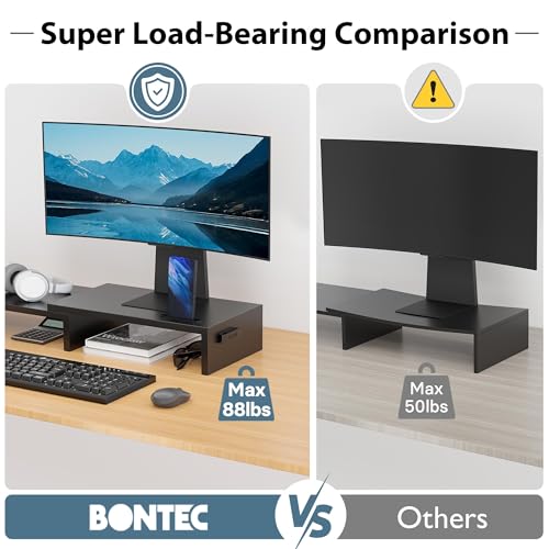 Dual Monitor Stand Riser with Smartphone Holder, Adjustable Wooden Desktop Organizer P70793