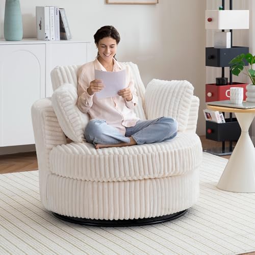Swivel Barrel Chair with Ottoman for Living Room Bedroom, White W553228
