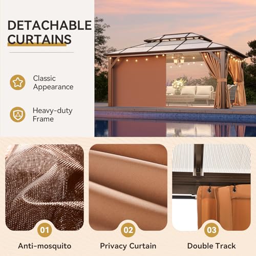 12x16 Hardtop Gazebo with Netting and Curtains, Aluminum Frame, Polycarbonate Roof N71921