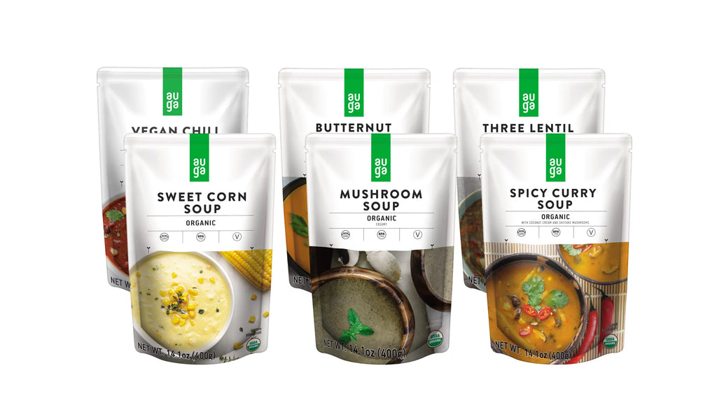 AUGA Organic Vegetable Soup Variety Bundle, 14.1oz (6-pack) (Sweet Corn, Butternut Squash, Three Lentil, Spicy Curry, Vegan Chili Bean, Mushroom) Vegan Plant Based Vegetarian