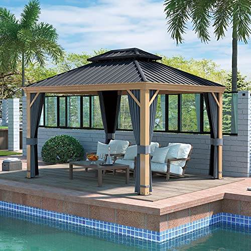 10 x 12 ft Hardtop Gazebo with Netting and Curtains, Double Roof Metal Canopy for Patio I7305