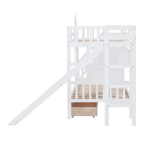 Twin Over Twin Bunk Bed with Stairs and Slide, Solid Wood Frame with Storage Y2445