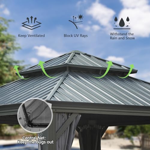10 x 10 ft Hardtop Gazebo with Netting and Curtains, Galvanized Steel Roof for Patio and Garden X50618