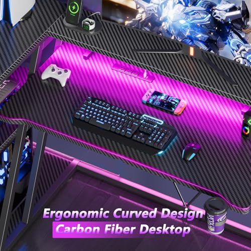 L Shaped Gaming Desk with Power Outlet and LED Lights T64283