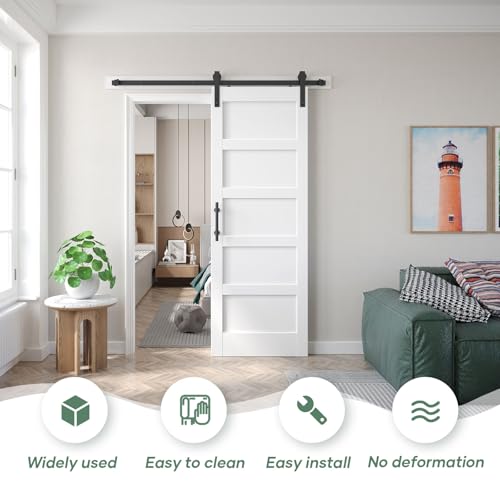 White Barn Door with Sliding Hardware Kit, 7FT, 5-Panel K864232