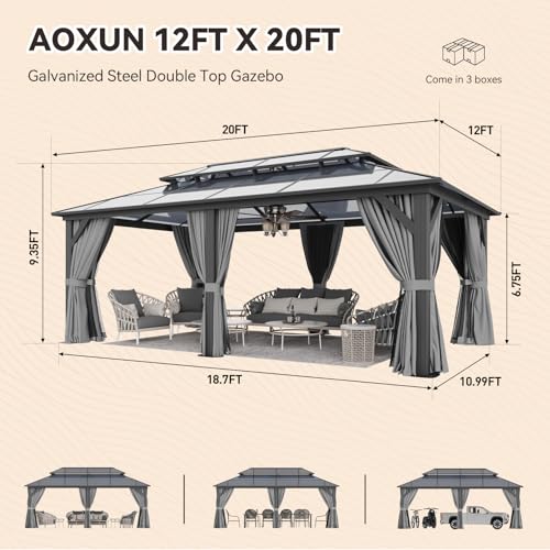 12x16 Hardtop Gazebo with Netting and Curtains, Aluminum Frame, Polycarbonate Roof N71921