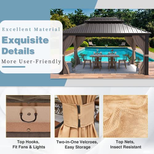 10'x13' Hardtop Gazebo with Polycarbonate Double Roof, Aluminum Frame, Curtains and Netting N263