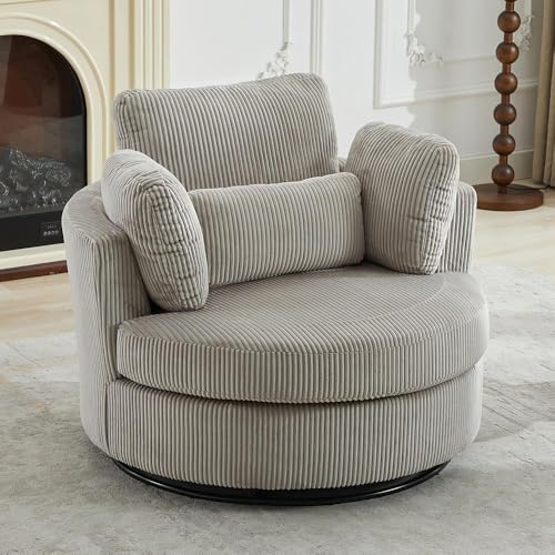 Oversized Swivel Barrel Chair with Ottoman, Chenille, Beige X252712