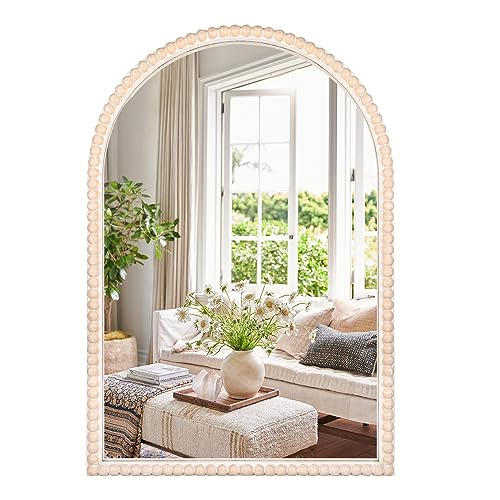 24"x36" Arch Wall Mirror Wooden Framed with White Wooden Beads, Modern Rustic Distressed Hanging Wall Mirror for Entryway, Living Room or Bedroom Home Decor