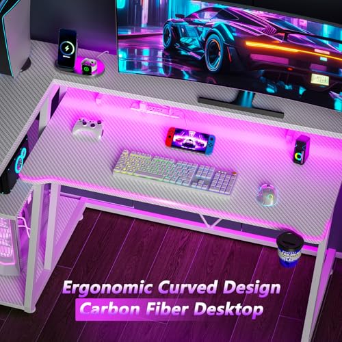 L Shaped Gaming Desk with Power Outlet and LED Lights T64283
