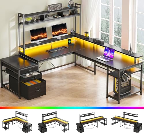 L Shaped Gaming Desk with Storage Shelves and LED Light U926701