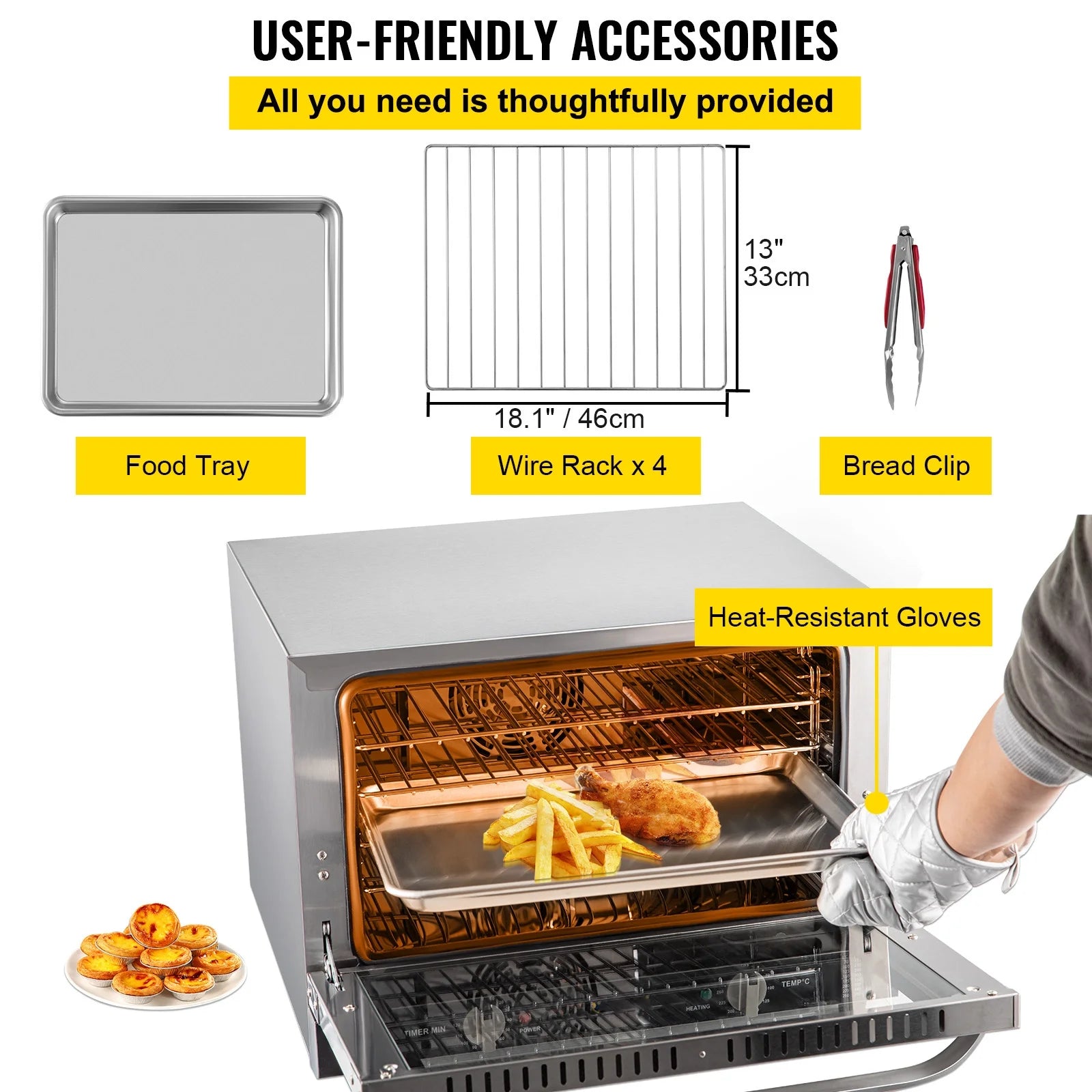 Commercial Convection Oven, 66L Countertop, 1800W Electric Baking Oven with Trays and Racks T271000