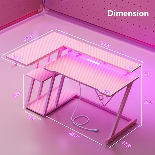 L Shaped Gaming Desk with Power Outlet and LED Lights T64283