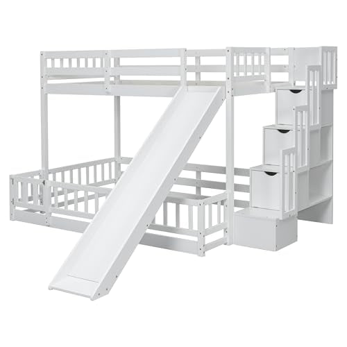 Twin Over Full Bunk Bed with Slide and Storage Stairs F8078