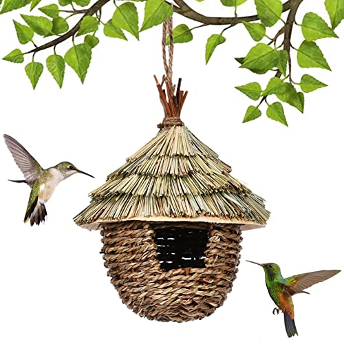 Bird House for Outside, Hanging Straw Hand Woven Hummingbird Nest, Small Animals House Pet Cage Habitats Decor for Backyard/Courtyard/Patio Tan