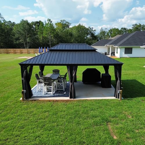 10' x 14' Permanent Hardtop Gazebo with Galvanized Steel Double Roof, Curtains and Netting Included M96664