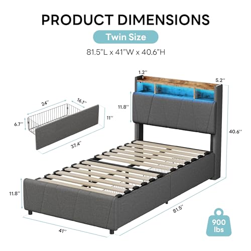 Twin Bed Frame with 2 Storage Drawers, Charging Station & LED Lights, Upholstered Platform Bed, Beige Q69205