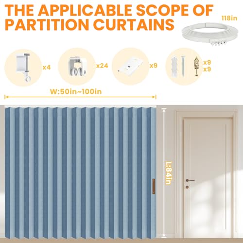 Accordion Room Divider Curtains with Ceiling Track, Grey, W100 x L84 J296