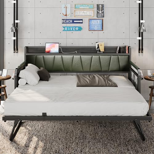 Daybed with Trundle and Storage Headboard, Twin Size, Grey M473750