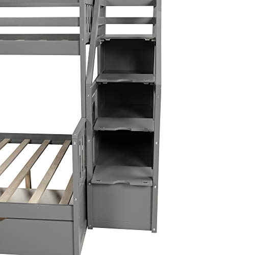 Twin Over Full Bunk Bed with Slide and Stairs for Kids E212