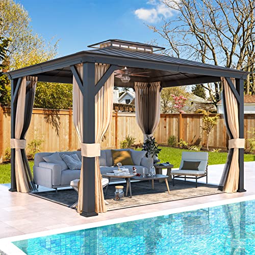 12x20 Hardtop Gazebo Double Roof Galvanized Steel Outdoor Aluminum Frame with Netting and Curtains M3306