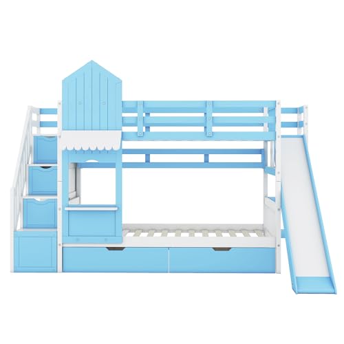 Twin Over Twin Bunk Bed with Stairs and Slide, Solid Wood Frame with Storage Y2445