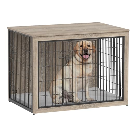 Dog Crate Furniture with Cushion, Heavy-Duty Metal Mesh, Wooden End Table with Double Doors, Indoor Kennel for Small Breed, Grey K856