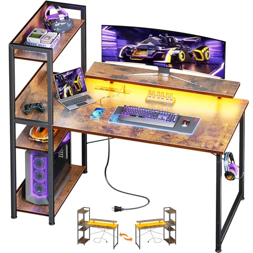 Reversible Gaming Desk with USB Charging Port and LED Lights, 40 Inch Computer Desk with Storage Shelves C134