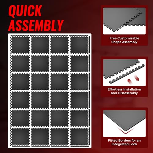 24 Pcs Interlocking EVA Foam Gym Mats with Rubber Top, Black A6287