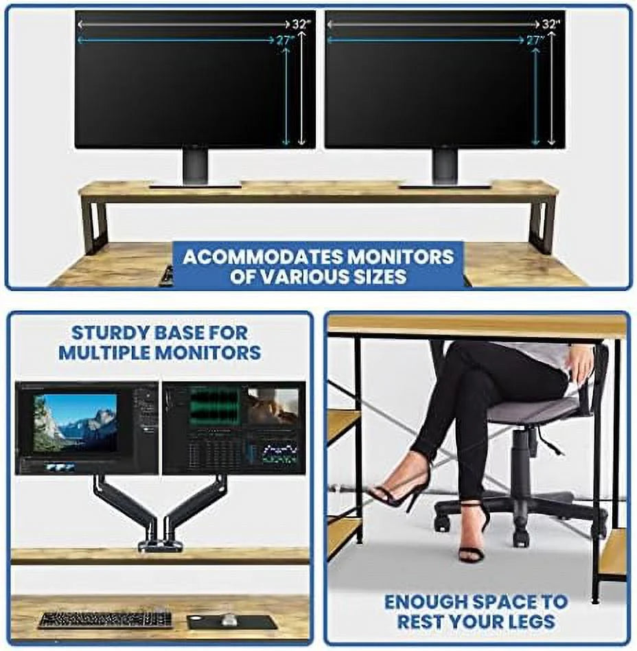 Industrial Computer Desk with Monitor Shelf, 55 Inch, Walnut and Black G1348