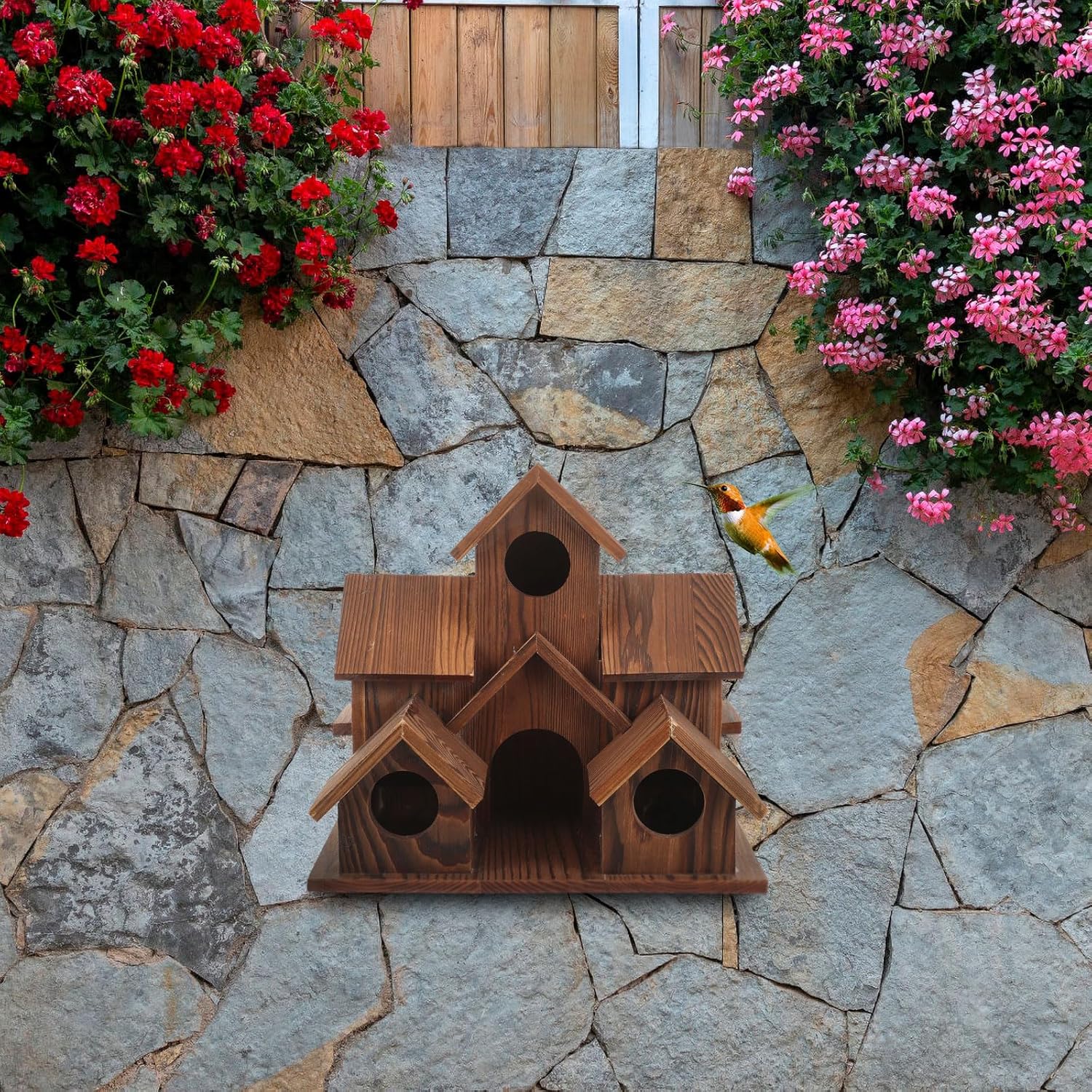 Wooden Bird House 6 Hole Handmade for Outdoor Hanging L2622