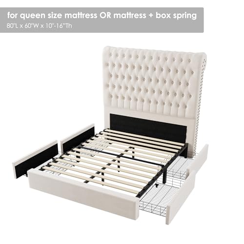 Velvet Upholstered King Bed Frame with Tall Headboard and Storage Drawers L58367