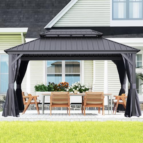 10 x 10 ft Hardtop Gazebo with Netting and Curtains, Galvanized Steel Roof for Patio and Garden X50618