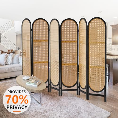 Foldable Wooden Room Divider with Hand-Woven Rattan Panels X6131
