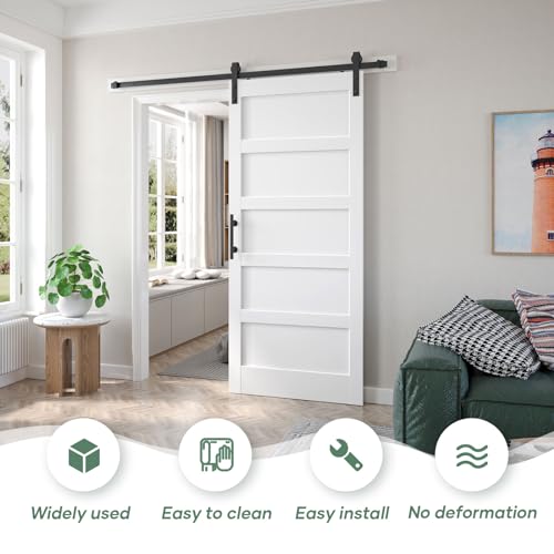 White Barn Door with Sliding Hardware Kit, 7FT, 5-Panel K864232