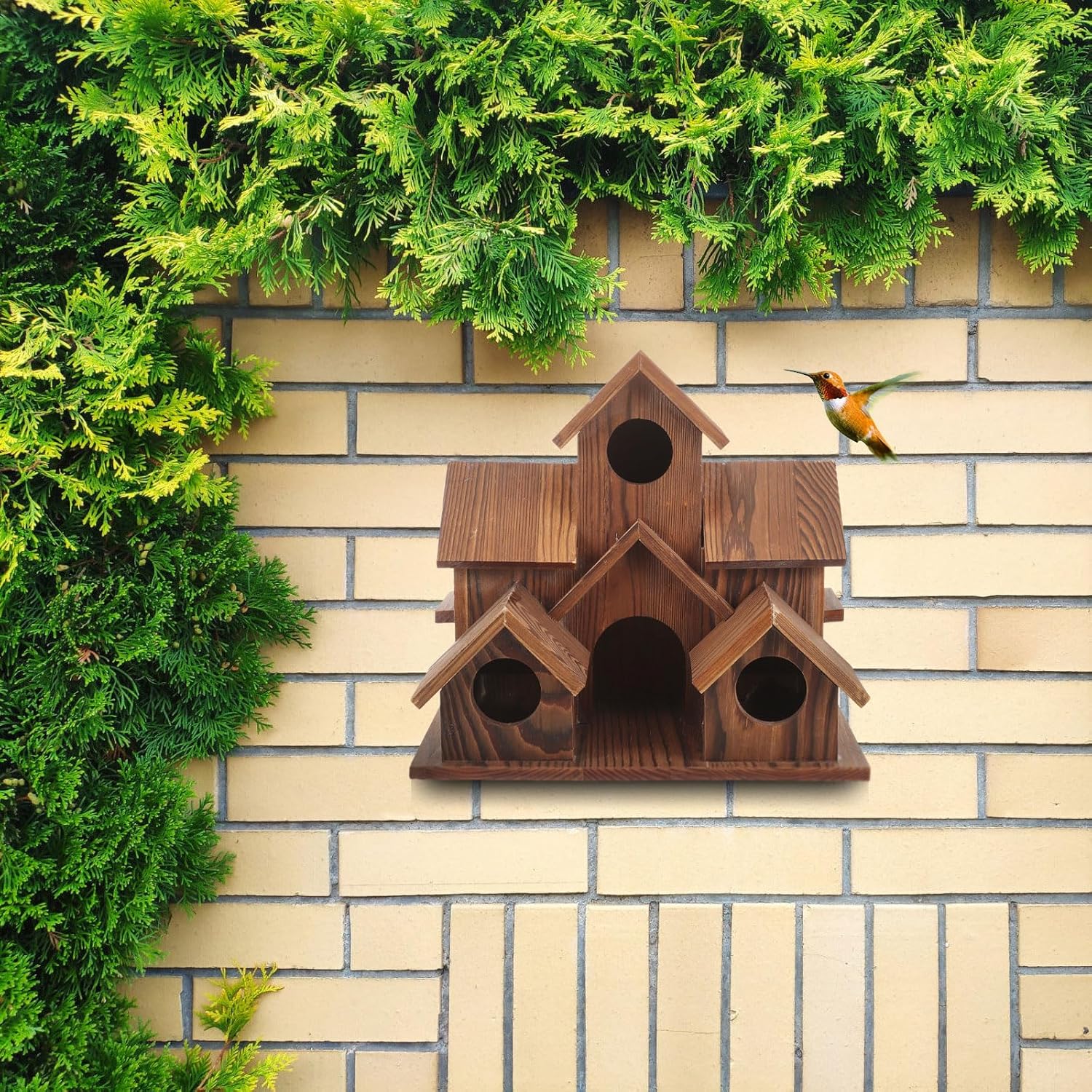 Wooden Bird House 6 Hole Handmade for Outdoor Hanging L2622