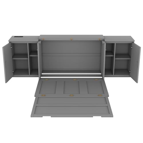 Murphy Bed Chest with Shelves, Foldable Wood Platform Bed Frame I45495
