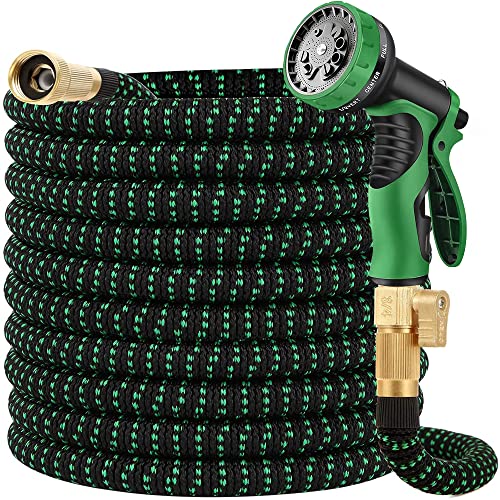 50 ft Expandable Garden Hose - All New 2024 Retractable Water Hose with 3/4" Solid Brass Fittings, Extra Strength Fabric - Flexible Expanding Hose with 10 Pattern Spray Nozzle（blackgreen）