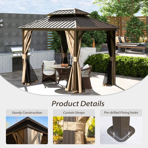 10 x 10 ft Hardtop Gazebo with Netting and Curtains, Galvanized Steel Roof for Patio and Garden X50618