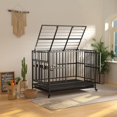 48" Heavy-Duty Dog Crate with Wheels and Dual Adjustable Bowls F169