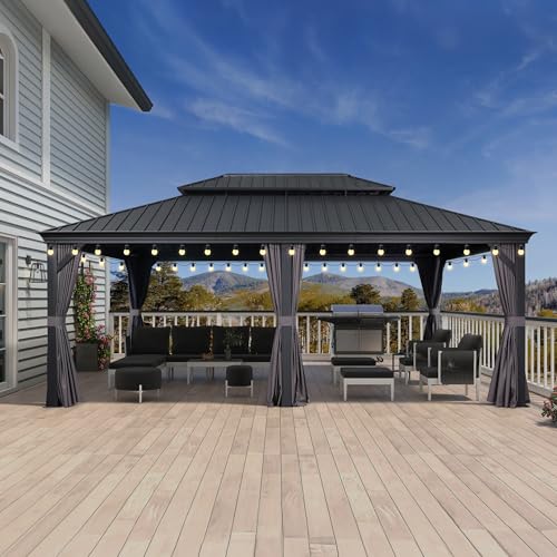 10' x 14' Permanent Hardtop Gazebo with Galvanized Steel Double Roof, Curtains and Netting Included M96664