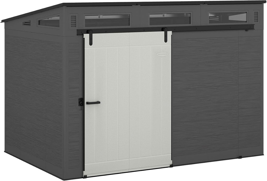 Suncast Modernist 10 Foot by 7 Foot Outdoor Plastic Storage Shed with Pad Lockable Sliding Barn Door for Outdoor Storage Items, Gray and Black
