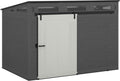 Suncast Modernist 10 Foot by 7 Foot Outdoor Plastic Storage Shed with Pad Lockable Sliding Barn Door for Outdoor Storage Items, Gray and Black