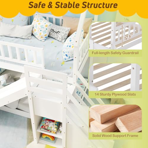 Twin Over Twin Bunk Bed with Slide and Stairs, Wood, White F9999