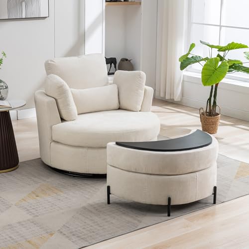 Oversized Swivel Barrel Chair with Ottoman, Chenille, Beige X252712