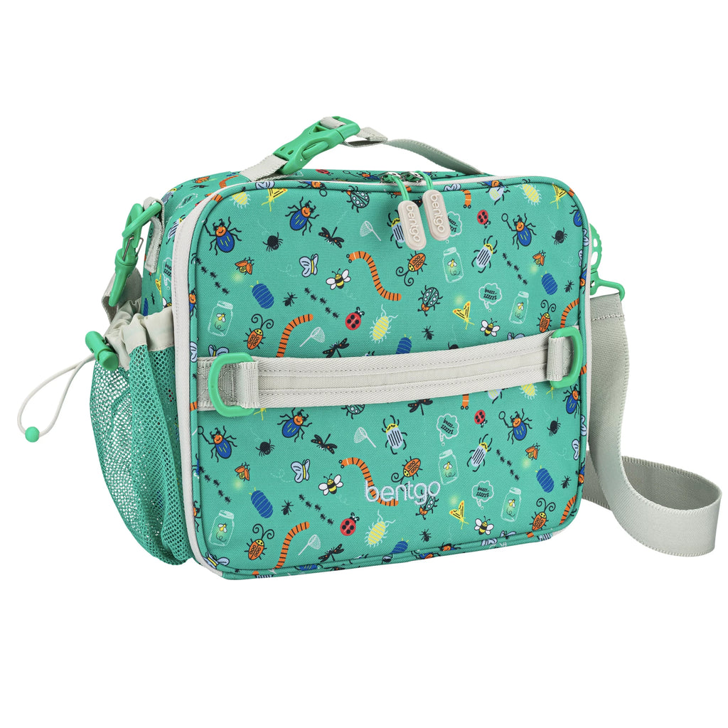 Bentgo® Kids Lunch Bag - Durable, Double Insulated, Water-Resistant Fabric, Interior & Exterior Zippered Pockets, Water Bottle Holder - Ideal for Children 3+ (Bug Buddies)