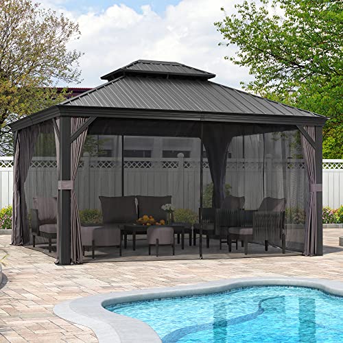 10' x 14' Permanent Hardtop Gazebo with Galvanized Steel Double Roof, Curtains and Netting Included M96664