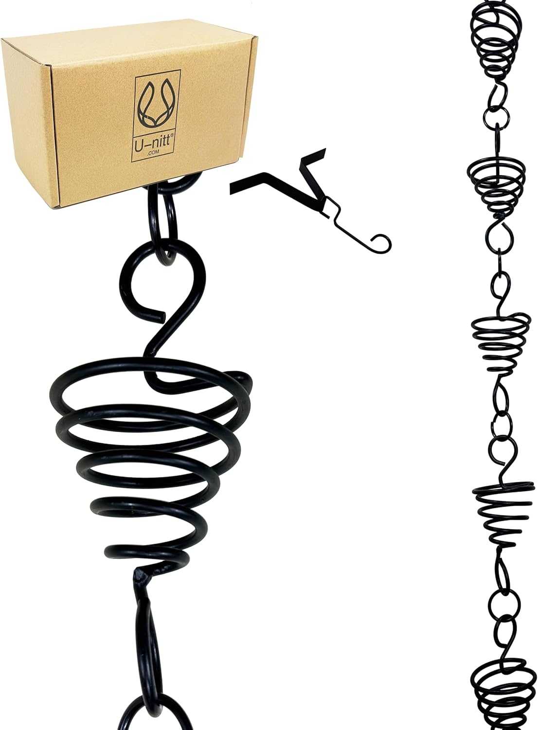 Rain Chains, Roof Gutter Downspout Channel, Rainwater Catcher/Diverter, 8.5 FT, Metal, Black Powder Coated, Coiled Bird Nest, Modern, 6005BLK