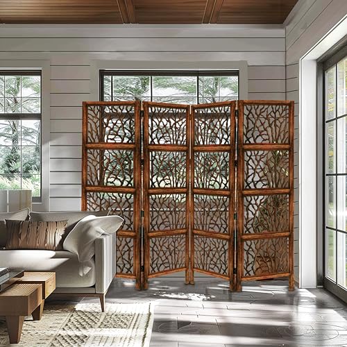 4 Panel Folding Wood Room Divider, Antique Brown, 72 x 80 L396608