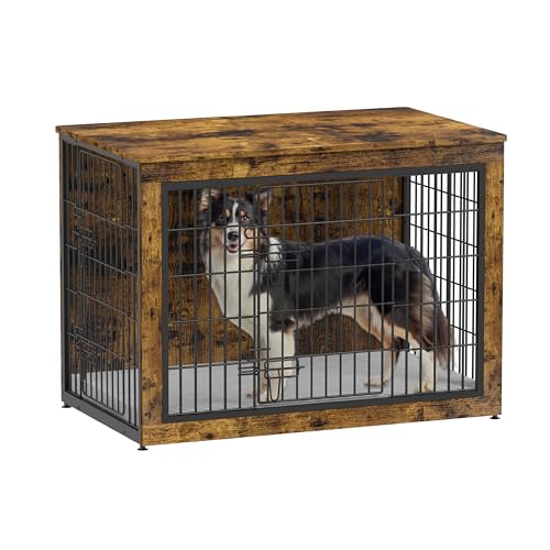 Dog Crate Furniture with Cushion, Heavy-Duty Metal Mesh, Wooden End Table with Double Doors, Indoor Kennel for Small Breed, Grey K856